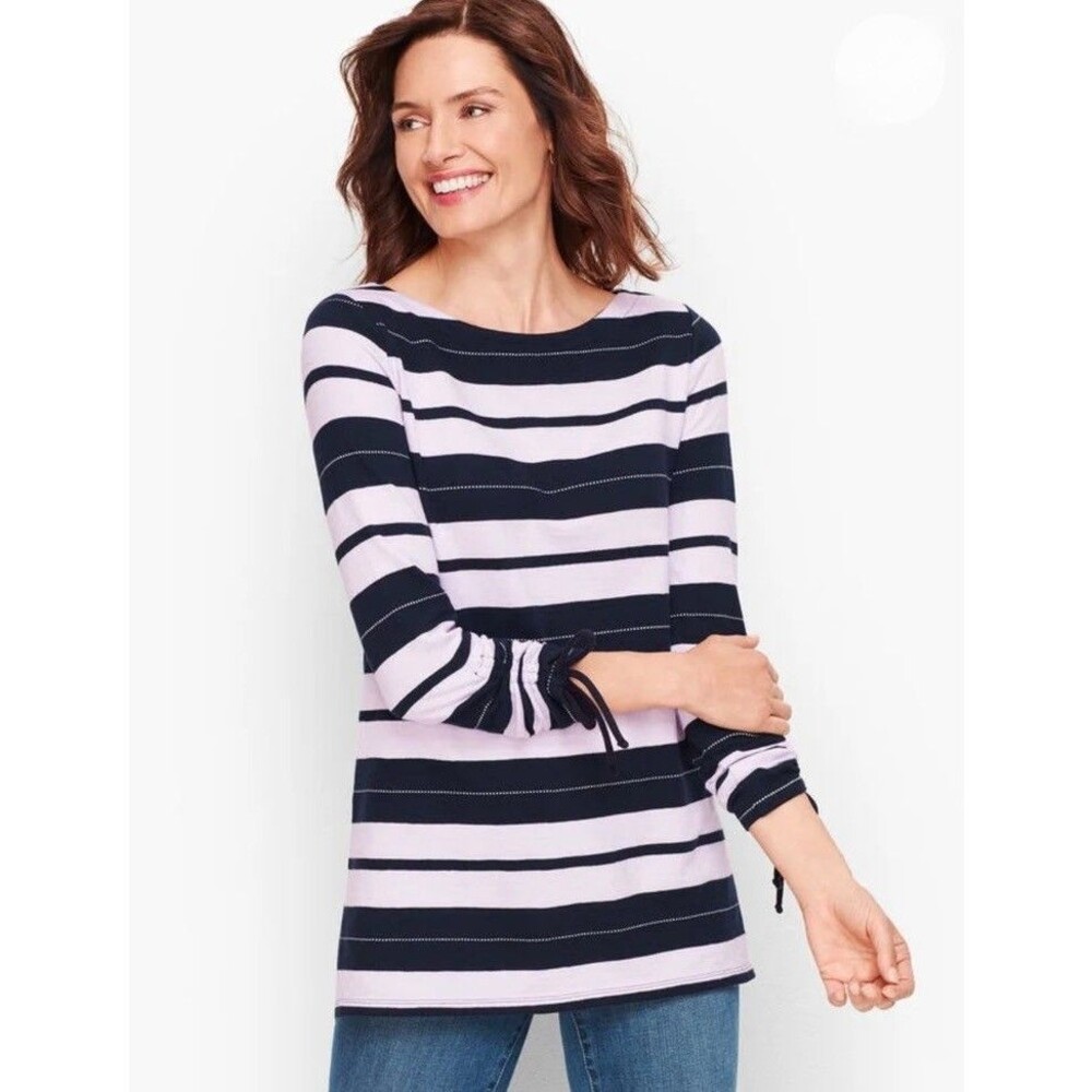 Talbots MEDIUM Lavender Blue Stripe T-Shirt Boat Neck Ruched Tie Sleeve Pullover